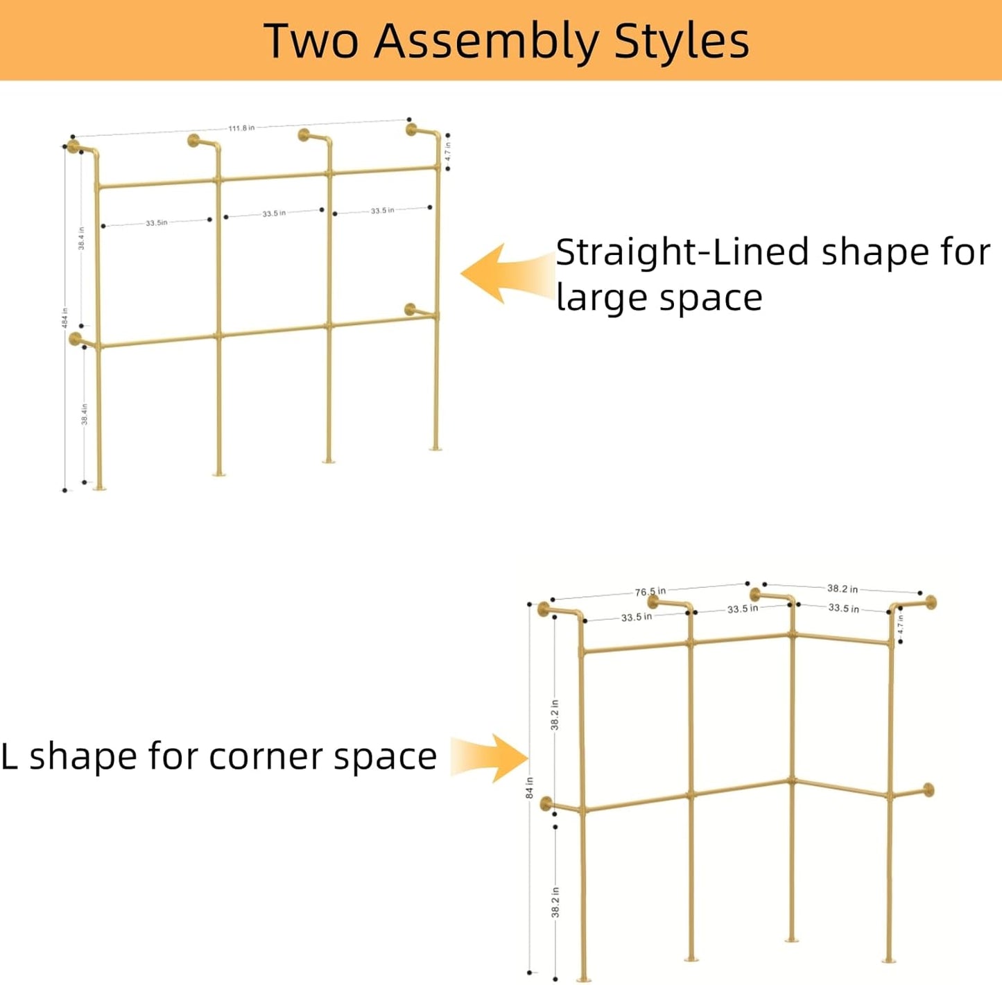 Industrial Pipe Gold Clothes Racks Wall Mounted, Rustic Gold Industrial Pipe Clothing Rack Design - Stylish & Heavy Duty Corner Garment Racks, Perfect for Home or Retail Display