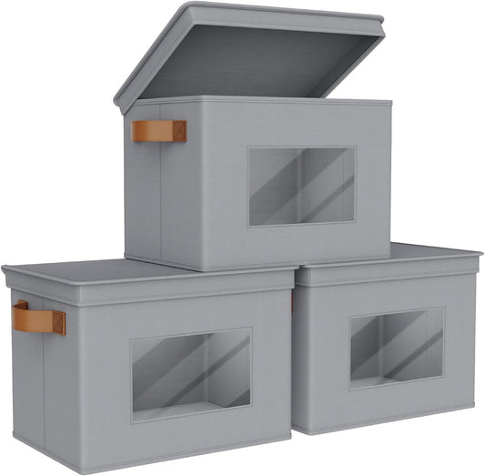 Univivi Storage Bins with Lids Collapsible Foldable Closet Storage Boxes for Clothes [3-Pack] Containers boxes with Handles Closet Storage for Home, Office, Bedroom (Grey,17" x 12"x 12")