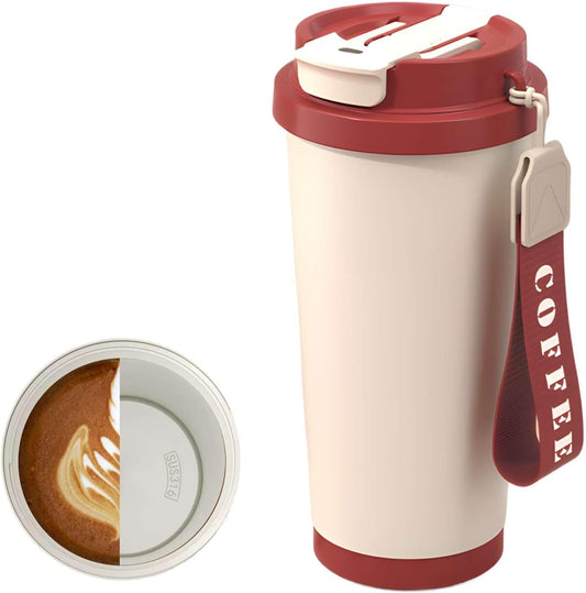 18 oz Insulated Coffee Mug with Straw and Lid, Durable Stainless Steel Coffee Cups with Strap, Reusable Iced&Hot Coffee Tumbler,Portable Coffee Travel Mug for Car, Camping(Retro Red)