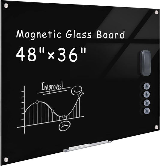 Magnetic Glass Whiteboard，48"x36" Wall Mounted Frameless Dry Erase Board for Office, Home & School Black