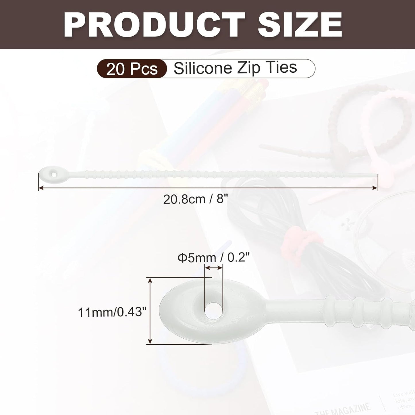 PATIKIL 8 Inch Silicone Cable Ties, 20pcs Rubber Reusable Twist Zip Ties Organizer for Home Office Kitchen Food bags Wires Adjustable Bag Clip, Grey