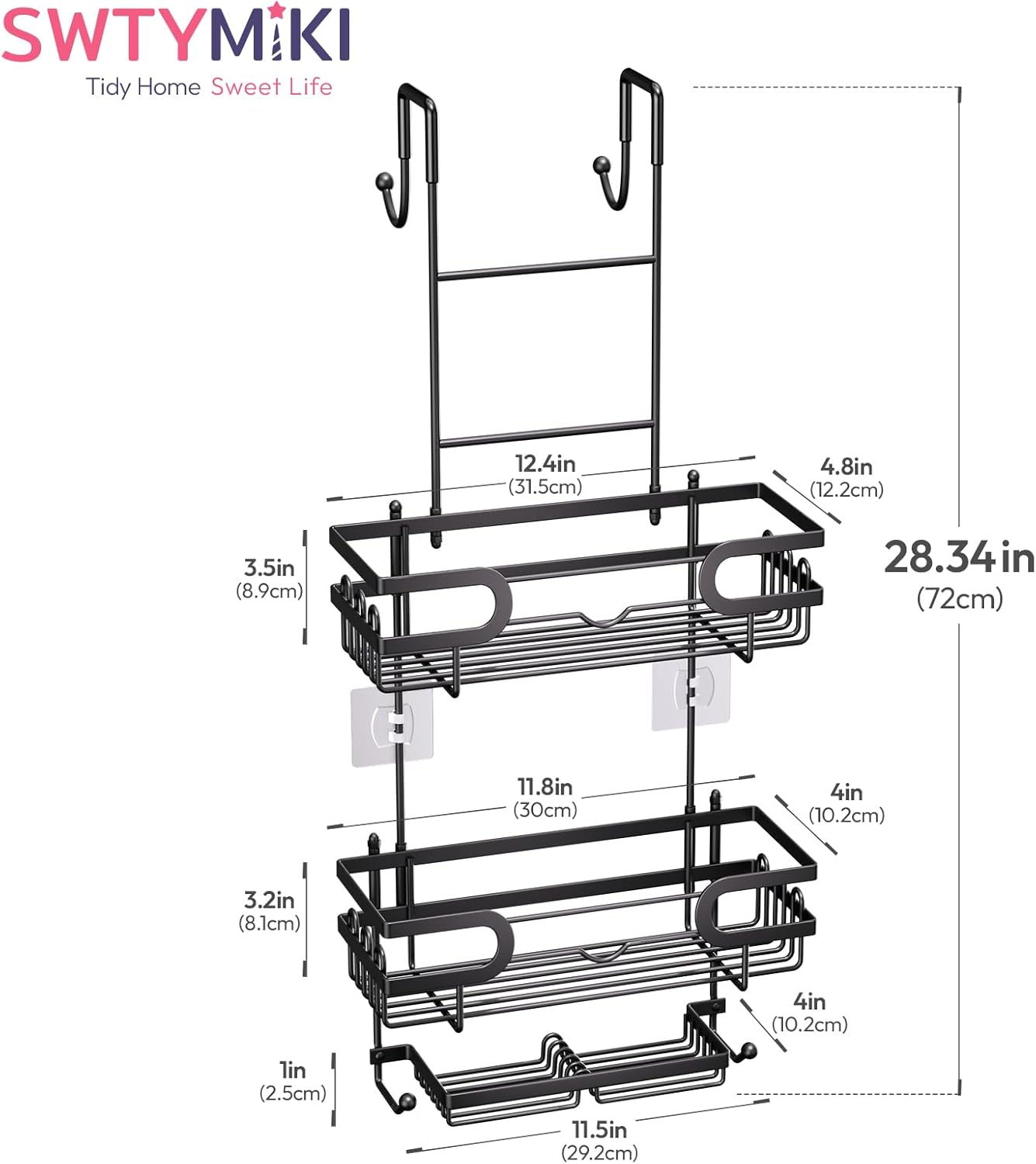 SWTYMIKI Over The Door Shower Caddy With Double Soap Holder, Hanging Shower Caddy With 16 Hooks, No Drilling Hanging Shower Organizer Over Door To Organize Bathroom Essentials, Black