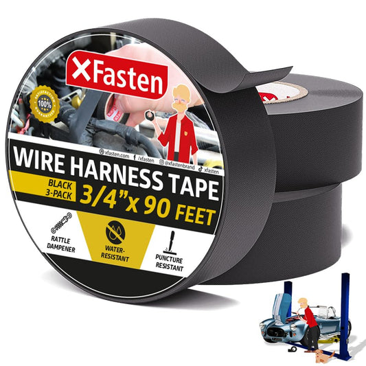 XFasten Wire Harness Tape, 3/4-Inch x 90-Foot (3-Pack), High Temp Wiring Loom Harness, Self-Adhesive Felt Cloth Electrical Tape for Automotive Engines, Noise Dampening, and Cable Protection