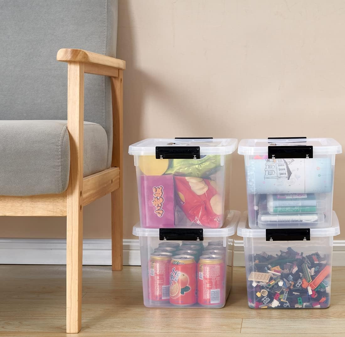 Clear Storage Latch Box 12 Quart, Plastic Organizing Box/Bin with Lid and Black Handles, 6-Pack