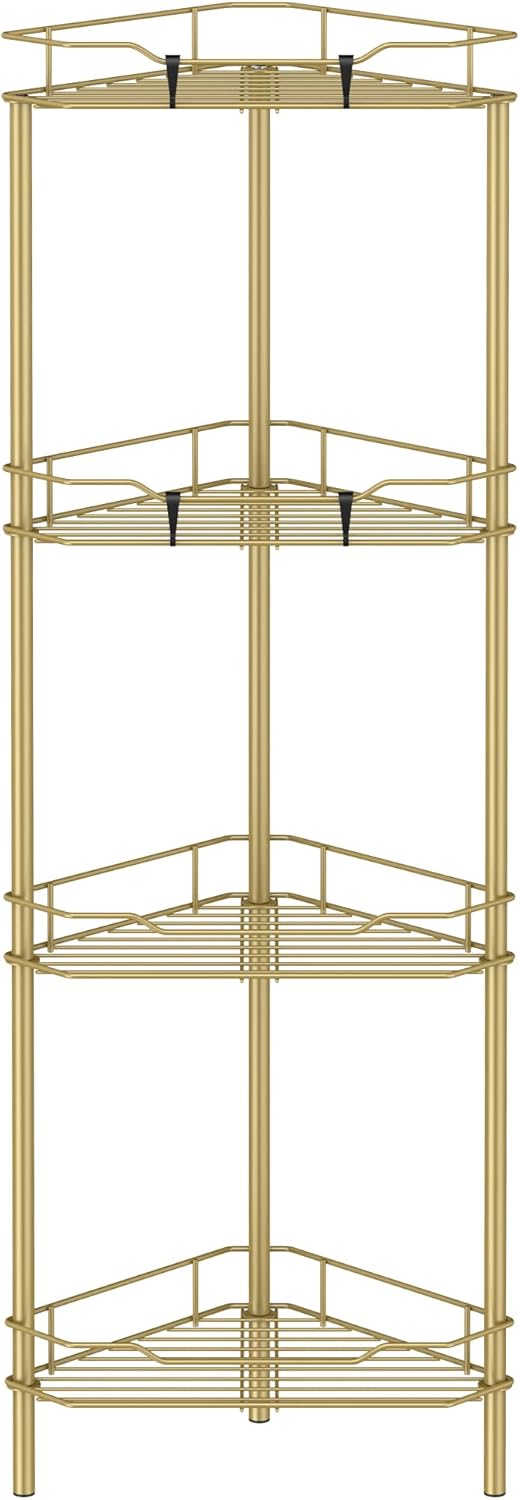 4 Tier Floor Standing Corner Shower Caddy Organizer Shelf with Hooks, Bathroom Shelves Stand Rack, Gold