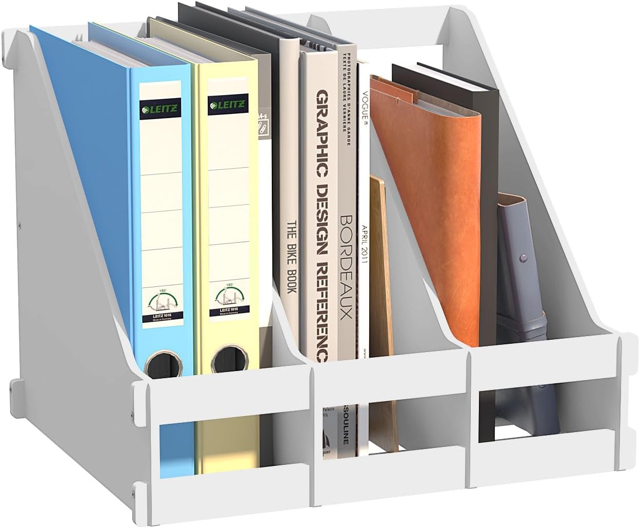 Bamboo Desktop Magazine Holder Desk File Organizer 3 Compartments Vertical File Dividers Book Holder Frames Document Cabinet Rack Storage Organizer Box for Home Office School Black (White)