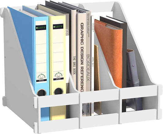 Bamboo Desktop Magazine Holder Desk File Organizer 3 Compartments Vertical File Dividers Book Holder Frames Document Cabinet Rack Storage Organizer Box for Home Office School Black (White)