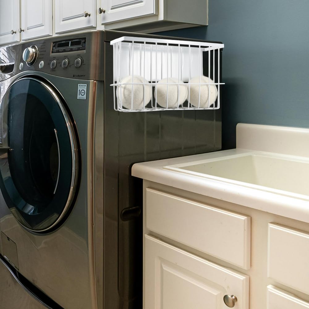 Picowe Large Dryer Ball Organizer Magnetic Storage Bin, Magnetic Basket Dryer Ball Holder for Laundry Room Organization and Storage to Hold 6 Dryer Balls, Without Balls (White, L )