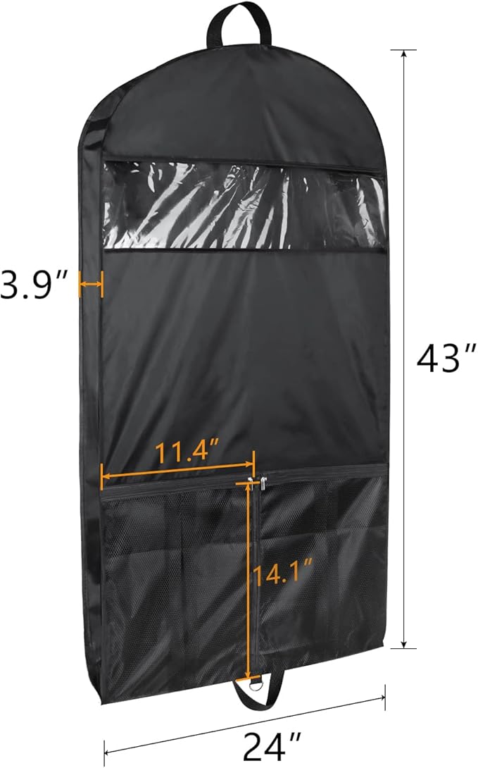 Univivi Garment Bags for Travel and Storage 43" Hanging Suit Bag Clear Suits Cover with Mesh Pockets for Coat, Shirt, Jackets, dresses