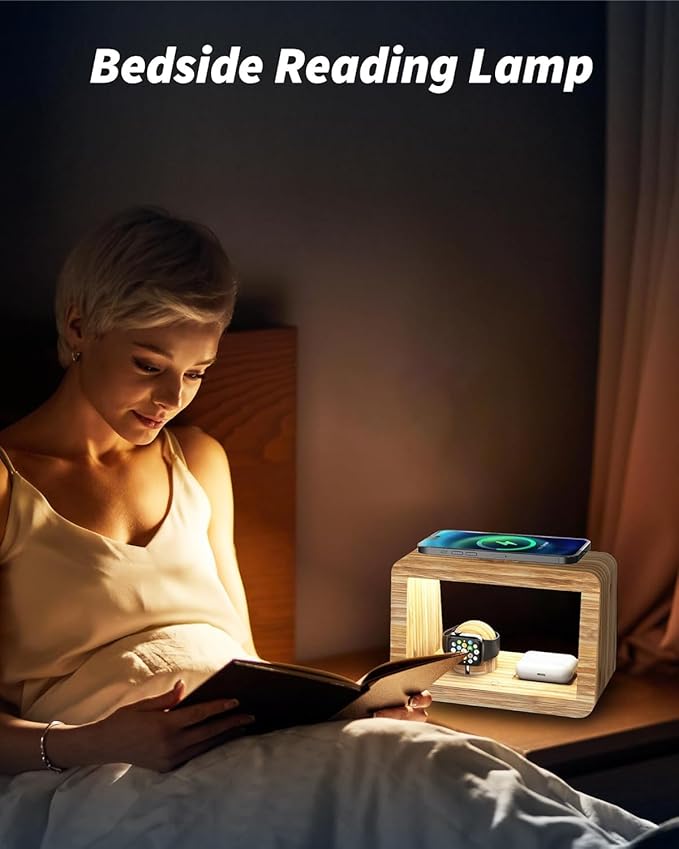 Bamboo Wireless Charging Station: 3-in-1 Wireless Charger with Night Lights - Fast Charging Stand Compatible with iPhone 16/15/14/13/12 Pro Max/X/Xs Max/8, AirPods Pro, Watch Series 10/9/8/7/6/5-2/SE