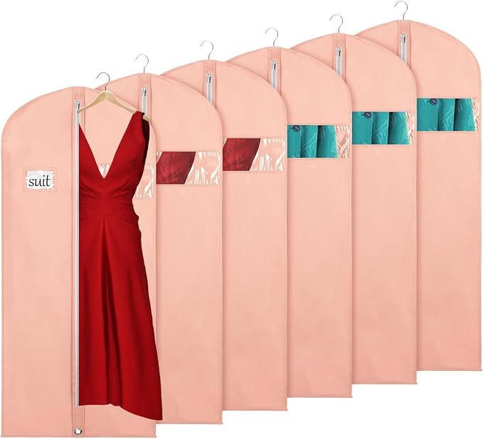 KEEGH Garment Bags for Hanging Clothes 60" (Set of 6) Dress Garment Bags for Storage Suit Bags for Closet with Zipper and Eye-Hole for Folding for Suit Coats Dresses, Pink