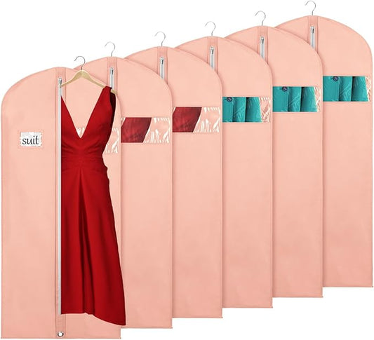 KEEGH Garment Bags for Hanging Clothes 60" (Set of 6) Dress Garment Bags for Storage Suit Bags for Closet with Zipper and Eye-Hole for Folding for Suit Coats Dresses, Pink
