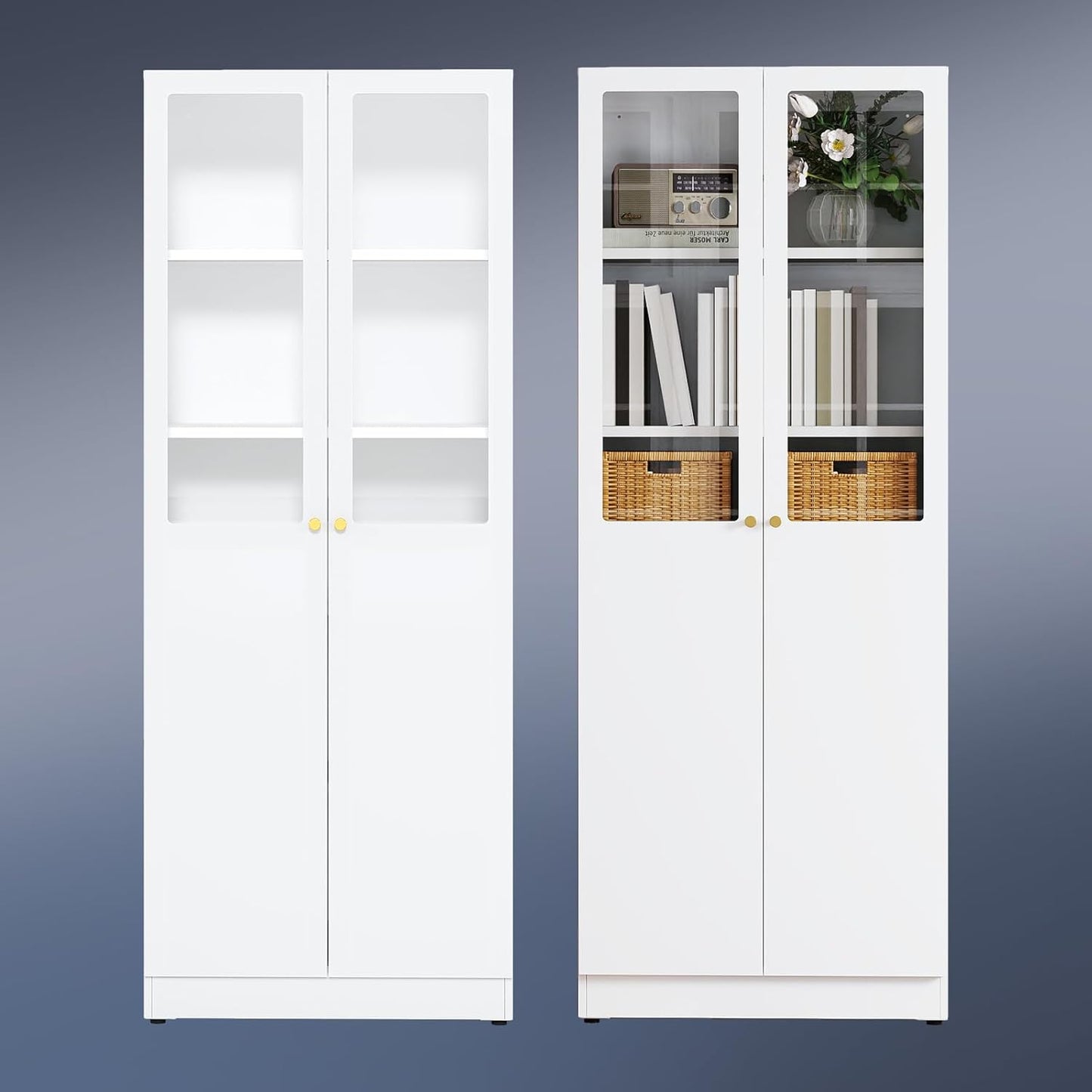 5 Tier Metal Curio Cabinets, Modern Bookshelf Cabinet with 4 Adjustable Shelves, Cabinet Display Case for Home Office, Living Room, Pantry (White-27.5W-Metal Door)