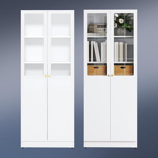 5 Tier Metal Curio Cabinets, Modern Bookshelf Cabinet with 4 Adjustable Shelves, Cabinet Display Case for Home Office, Living Room, Pantry (White-27.5W-Metal Door)