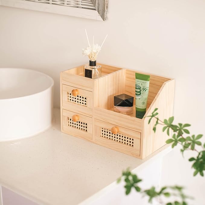 GYASVWU Bamboo Desk Organizer-No Assembly Required,Mini Bamboo Desk Drawer Organizer,Tabletop Storage Box for Office/kitchen counter/Bedroom, No Assembly Required (3 Drawer with Shelf)