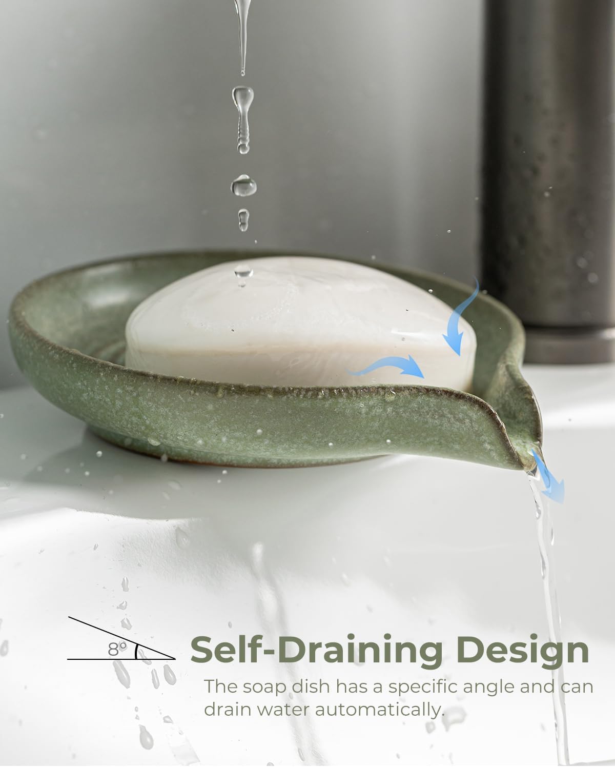 Soap Dishes, Ceramic Shower Soap Dish with Waterfall Design Bar Soap Holder Self Draining Soap Saver for Shower, Bathroom, Sink, Kitchen and Countertop, Green