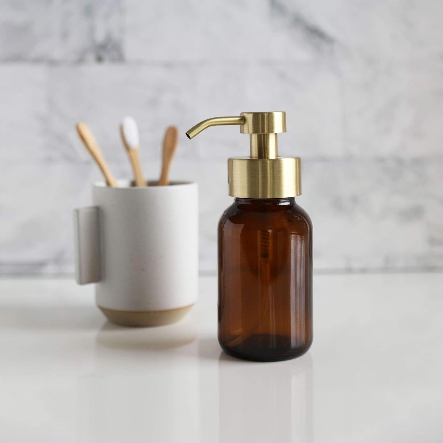 Rail19 Amber Glass Apothecary Foaming Soap Dispenser with Metal Pump - for Kitchen and Bathroom Countertop, 8.5oz (Gold)