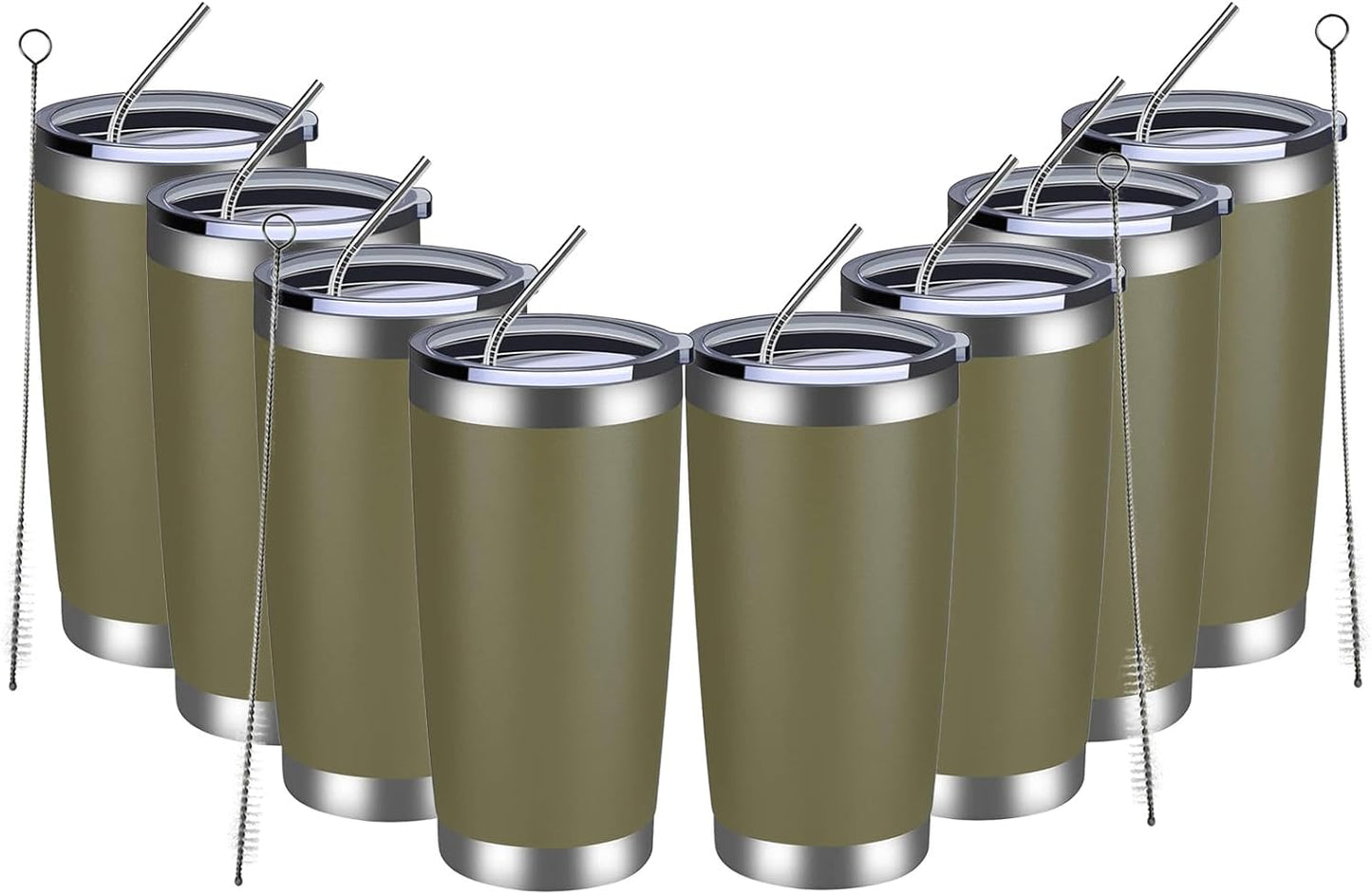 MEWAY 20oz Tumbler 8 Pack Double Wall Vacuum Insulated Travel Mug Bulk, Stainless Steel Tumblers with Lid and Straw, Durable Powder Coated Coffee Cups for Cold & Hot Drinks (Army Green, 8)