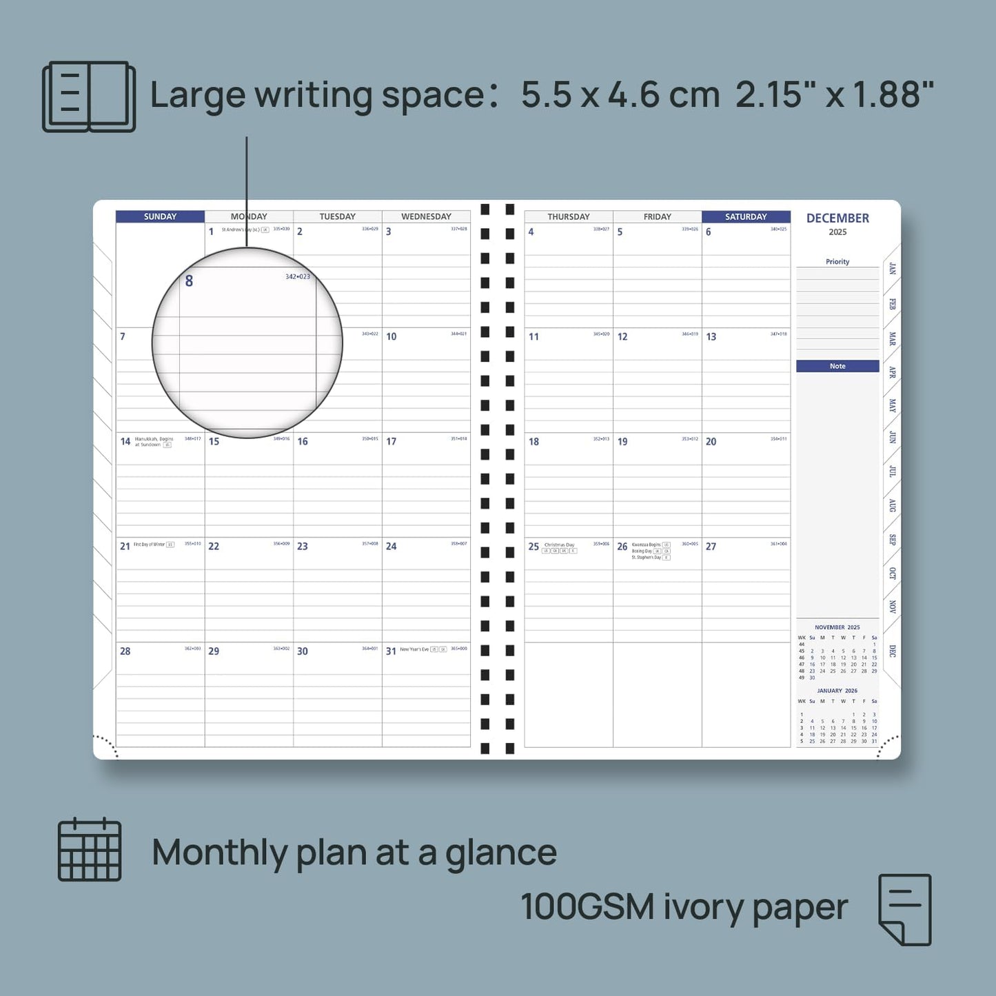 POPRUN 2026-2027 Monthly Planner A4 Size, 16 Months Calendar (Dec 2025-Mar 2027), 2 Pages per Month with Dotted & Lined Note, Monthly Tabs, Spiral Softcover, 2 Inner Pockets - Brown