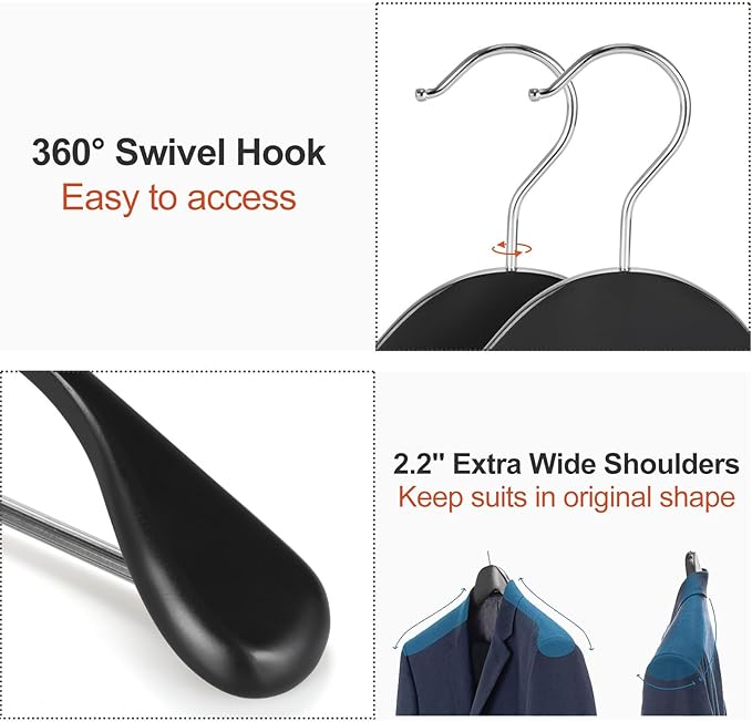 TOPIA HANGER Wide Shoulder Wooden Hangers, Suit Hangers with Non Slip Pants Bar & 360° Swivel Hook, Solid Wood Heavy Duty Coat Hanger, 6 Pack (Matte Black)-CT02B
