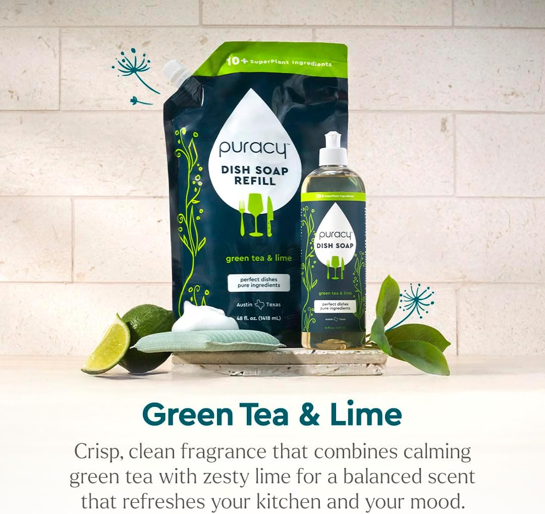 Puracy Natural Dish Soap Packs- Skin-Softening Plant-Based Dishwashing Soap, Non-Toxic Dish Soap, Organic Liquid Dishwashing Detergent Soap (Green Tea & Lime, 16 fl oz, 3 Pack)