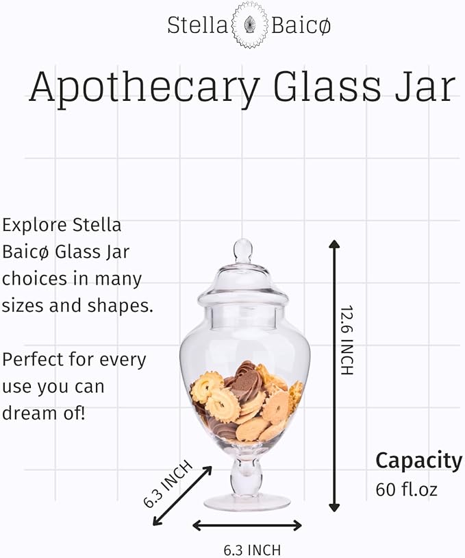 Clear Glass Apothecary Jars with Lid, Glass Candy Jar for Candy Buffet, Elegant Decorative Glass Jars for Wedding, Display and Party, Large Candy Canisters (Height: 12.6", Diameter: 6.3")