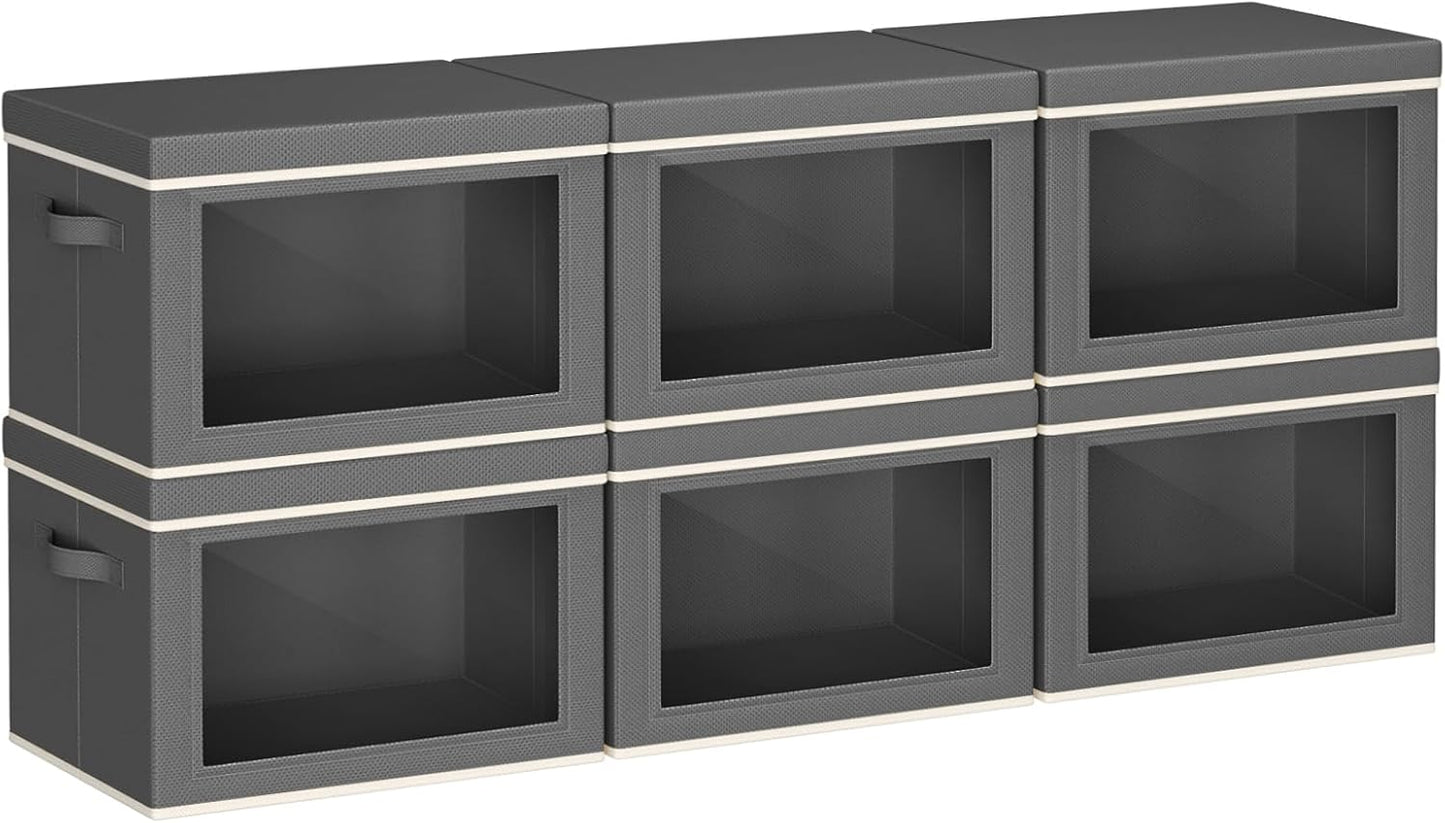 Collapsible Storage Bins with Lids - Stackable Storage Containers with Window, 6 Pack Fabric Cube Bins for Closet, Home & Office Organization Baskets, Dark Gray, 14.9" x 9.8" x 9.8"