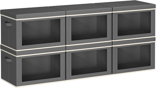 Collapsible Storage Bins with Lids - Stackable Storage Containers with Window, 6 Pack Fabric Cube Bins for Closet, Home & Office Organization Baskets, Dark Gray, 14.9" x 9.8" x 9.8"