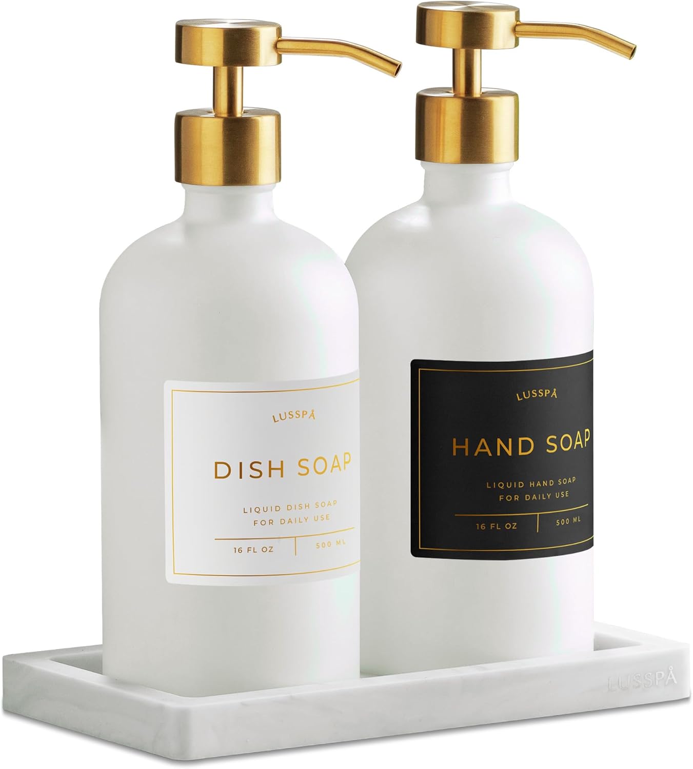 Lotion, Hand & Dish Soap Dispenser for Kitchen Sink - Bathroom Soap Dispenser Set of 2 16.8 Oz Glass Bottles with Stainless Steel Pump, 15 Water Proof Labels & Silicon Tray (White/Gold)