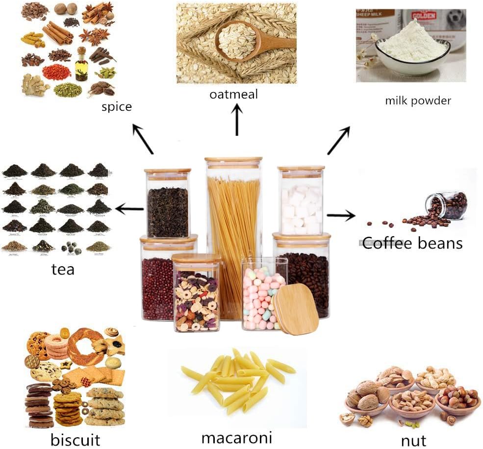 Glass Storage Canister with Wooden Lid, Set of 7 Square Glass Jars with Bamboo Lids, Glass Food Storage Containers for Pasta, Cereal, Flour, Sugar, Best for Kitchen & Pantry