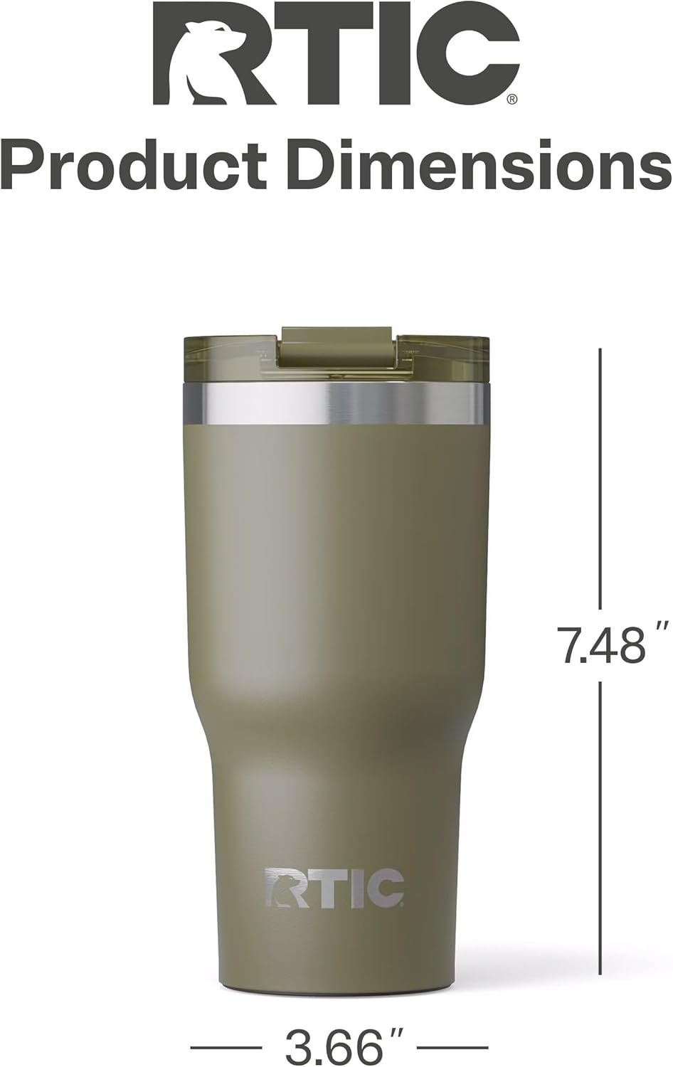 RTIC 20oz Essential Tumbler with Lid, Ceramic Lined, Insulated, Stainless Steel, Metal, Double Wall Vacuum-Insulation, Travel Cup for Iced Coffee, Tea, Hot and Cold Drink, Olive