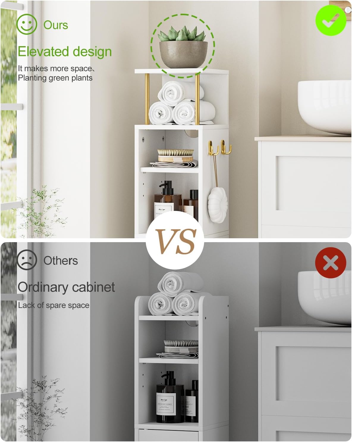 Bathroom Storage Cabinet,Small Corner Floor Cabinet with 2 Hook,Narrow Tall Toilet Paper Cabinet with Adjustable Shelves,Bathroom Organizer for Living Room,Small Spaces (Wave, White-37''H)