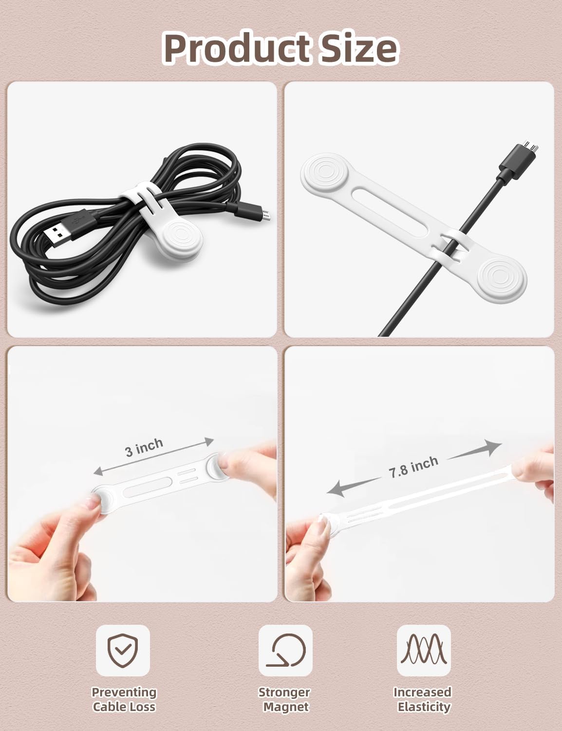 Kanemc 8 Pack Magnetic Twist Ties, Silicone Magnet Cable Tie Reusable Cord Strap For USB Earphone Charger Video Game Cables (2White+4Gray+2Blue)