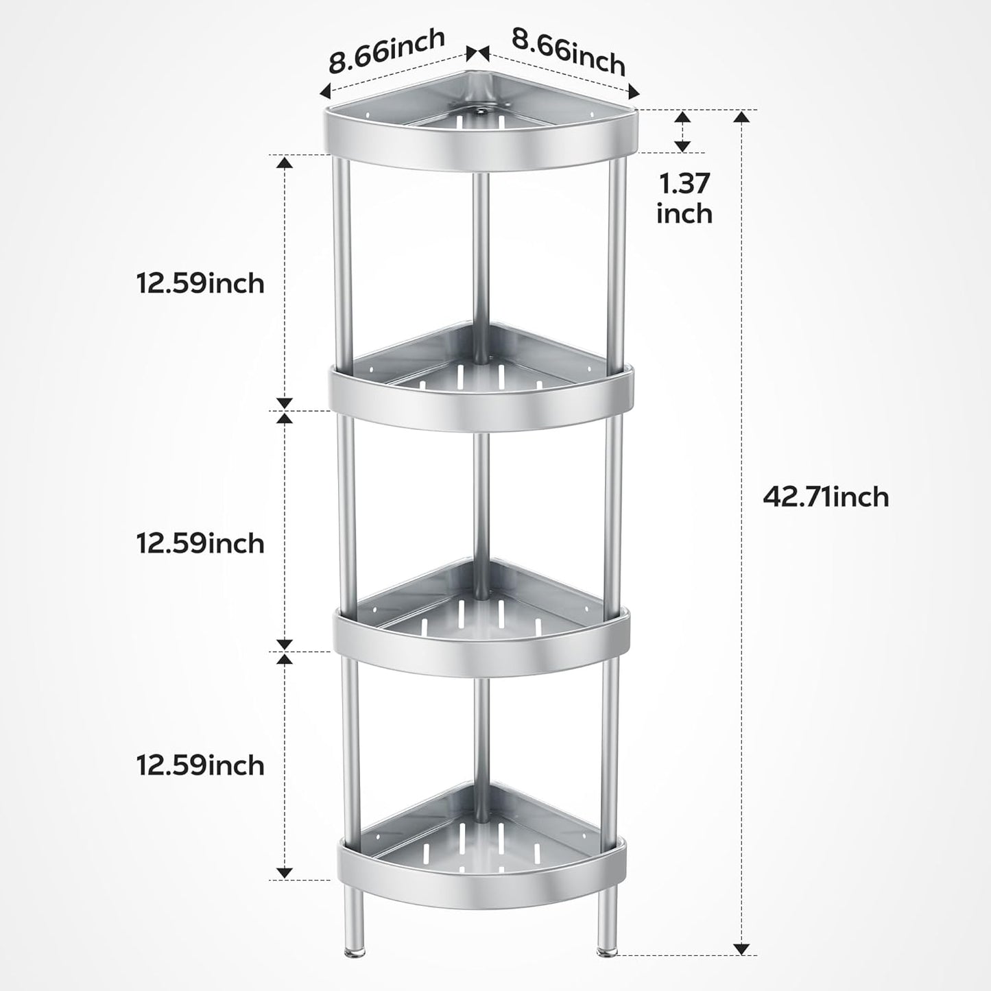 Nieifi Corner Shower Caddy Stand-4 Tier Rustproof Anodized Aluminum Standing Shower Organizer-Shower Caddy Corner-Dual Stability to Anti-Shaking-Height-Adjustable Legs for Uneven Surfaces-Silver