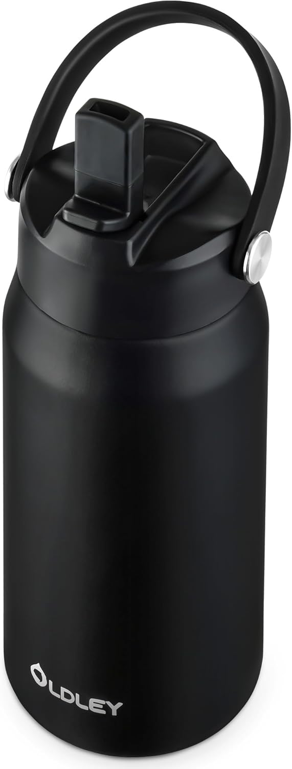 OLDLEY kids Water Bottle - 18oz Insulated Stainless Steel - Wide Straw Lid, Non Spill, Leakproof, Kids Water Bottle for School,Black