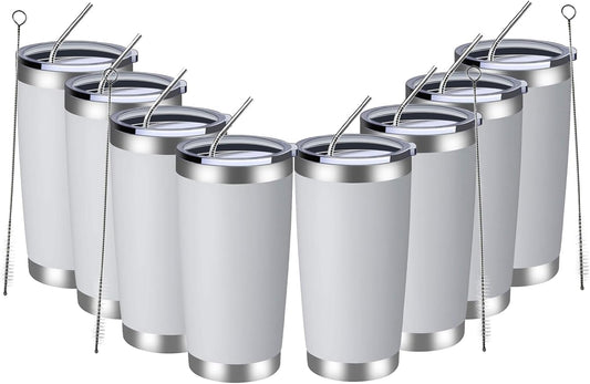 MEWAY 20oz Tumbler 8 Pack Double Wall Vacuum Insulated Travel Mug Bulk, Stainless Steel Tumblers with Lid and Straw, Durable Powder Coated Coffee Cups for Cold & Hot Drinks (White, 8)