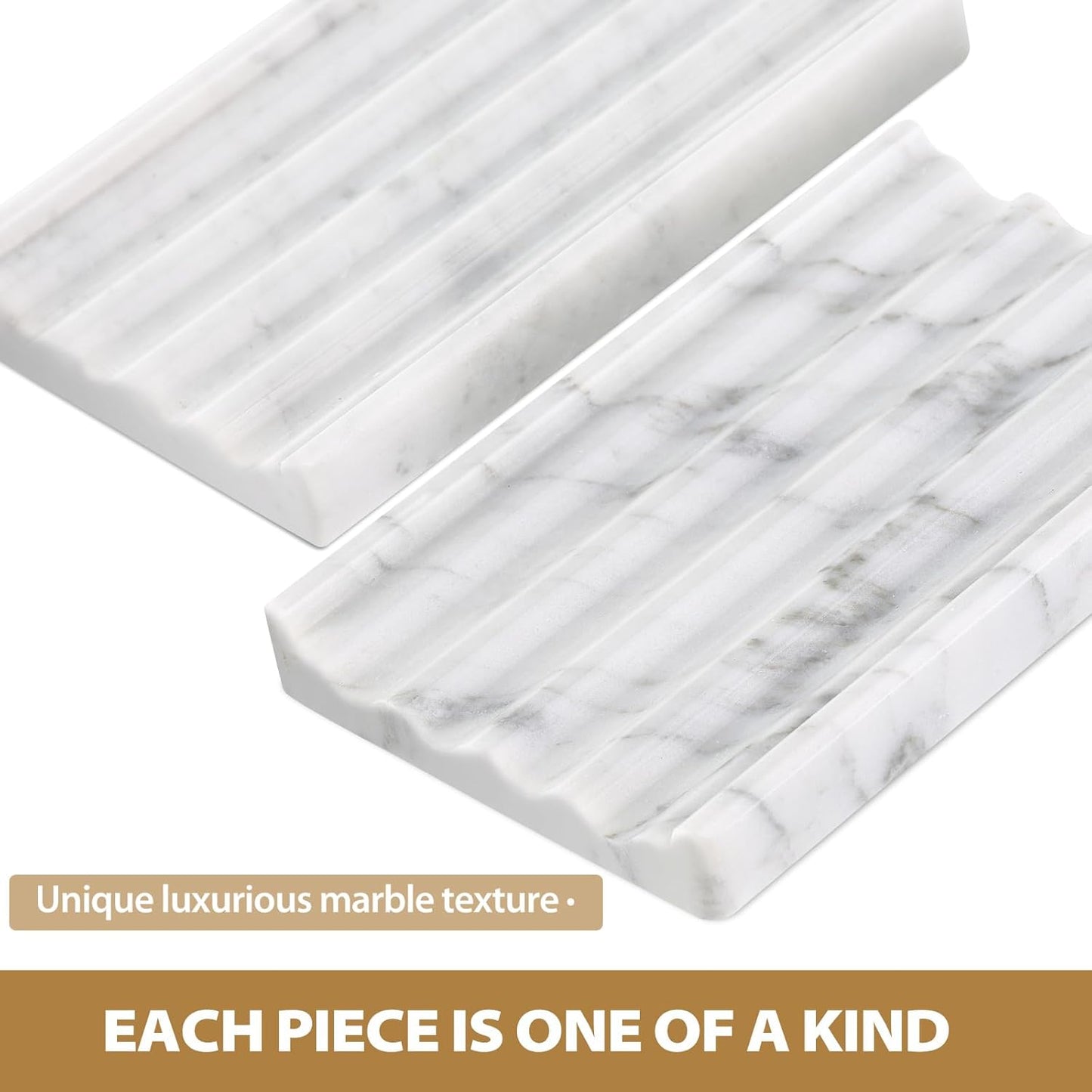 2PCS Koville Italian Natural Marble Soap Dish for Shower, Stone Soap Tray for Bathroom, Bar Soap Holder for Sink, Stripe Grooves Saver Keep Bars Dry Easy Clean (Bianco Carrara)