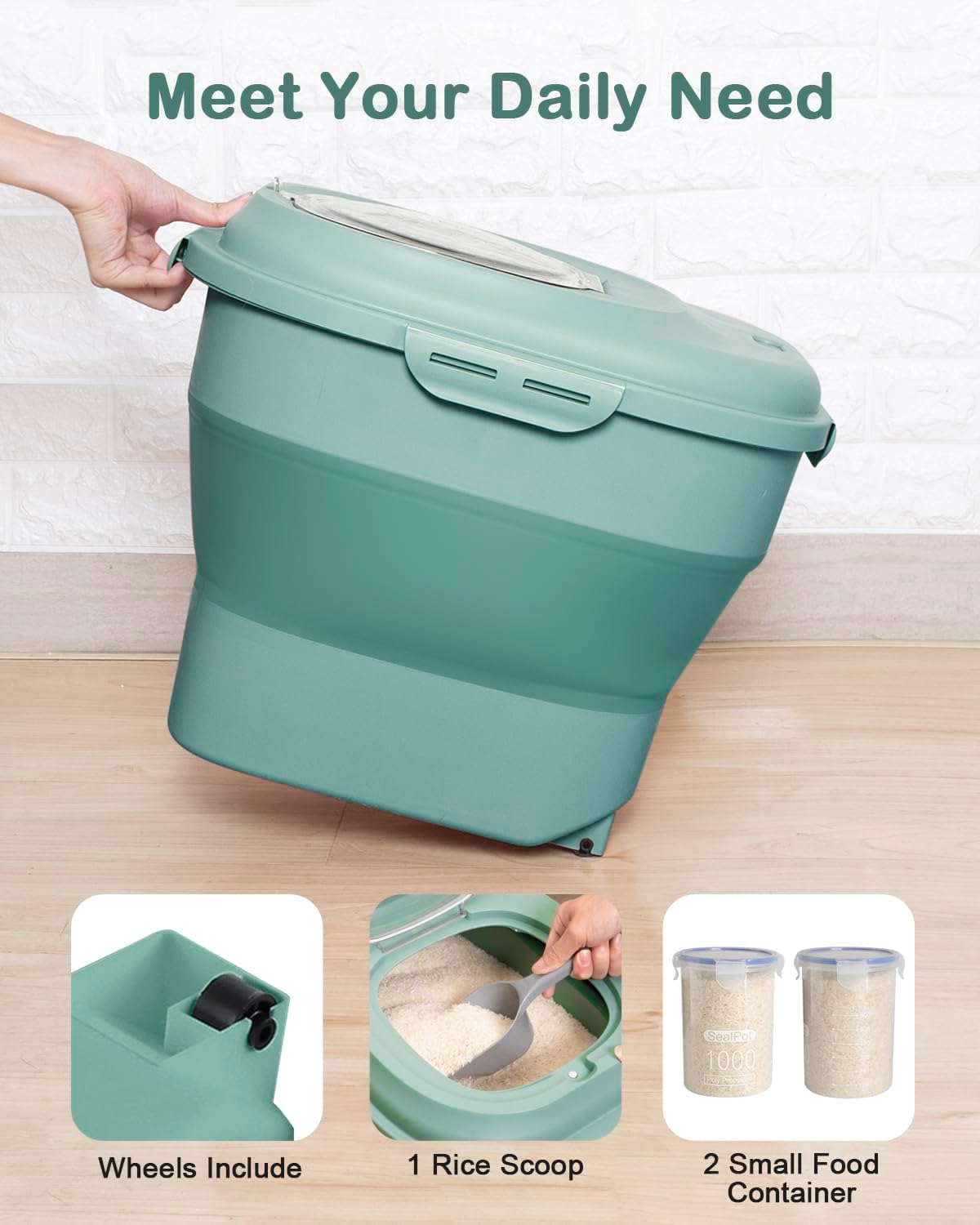 20-50 Lbs Food Storage Containers,Collapsible Rice Container with Wheel Airtight Locking Lid,Flour Storage Container with Small Food Jar and Scoop,Suitable for Food,Rice,Pet Food,Flour