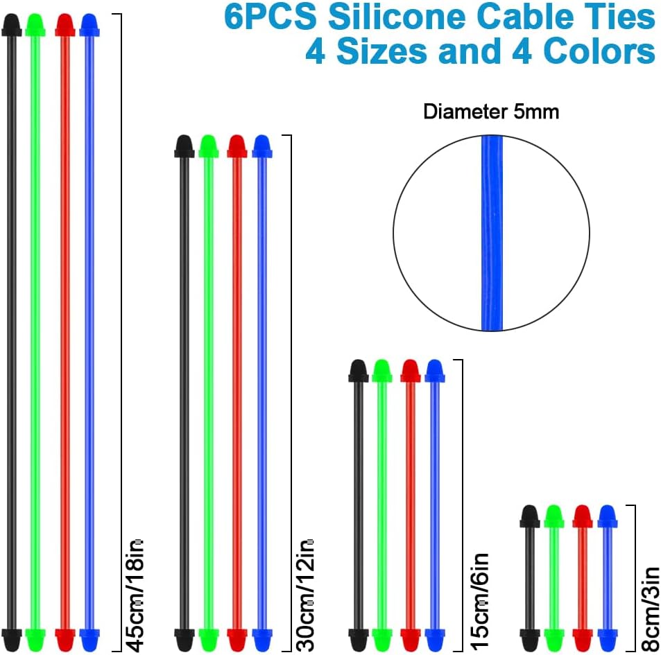 Silicone Twist Ties, Silicone Cable Ties, 16pcs Steel-Core Rubber Twist Tie, Cable Tie Straps Organizer, Reusable Twist Ties for Cords Wire. 3 6 12 and 18 inches