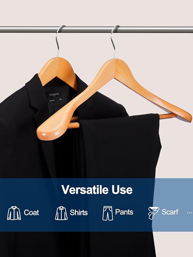 HOUSE DAY 19'' Extra Wide Shoulder Wooden Hangers 6 Pack, Premium Large Wood Suit Hangers With Non Slip Pant Holder, Wide Shoulder Hangers for Suits, Coats, Jackets, Heavy Wide Clothes Hanger, Natural