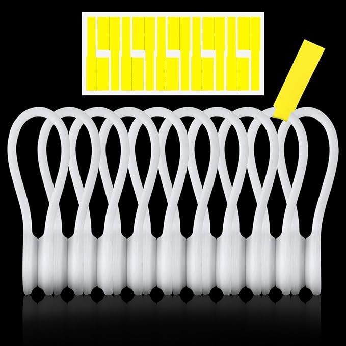 Kanemc 7.9'' Silicone Cord Tie Included Tags, Magnetic Long Cable Ties Reusable Straps Twist Ties Elastic Magnetic Ties For Wrapping Cables Bundles (10Pcs-White)