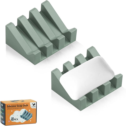 Self Draining Soap Dish Holder,Silicone Soap Dish,for Bathroom,Kitchen, Sponges，Can Extend Soap Life，Keep Soap Bars Dry and Easy Cleaning (2, Green)