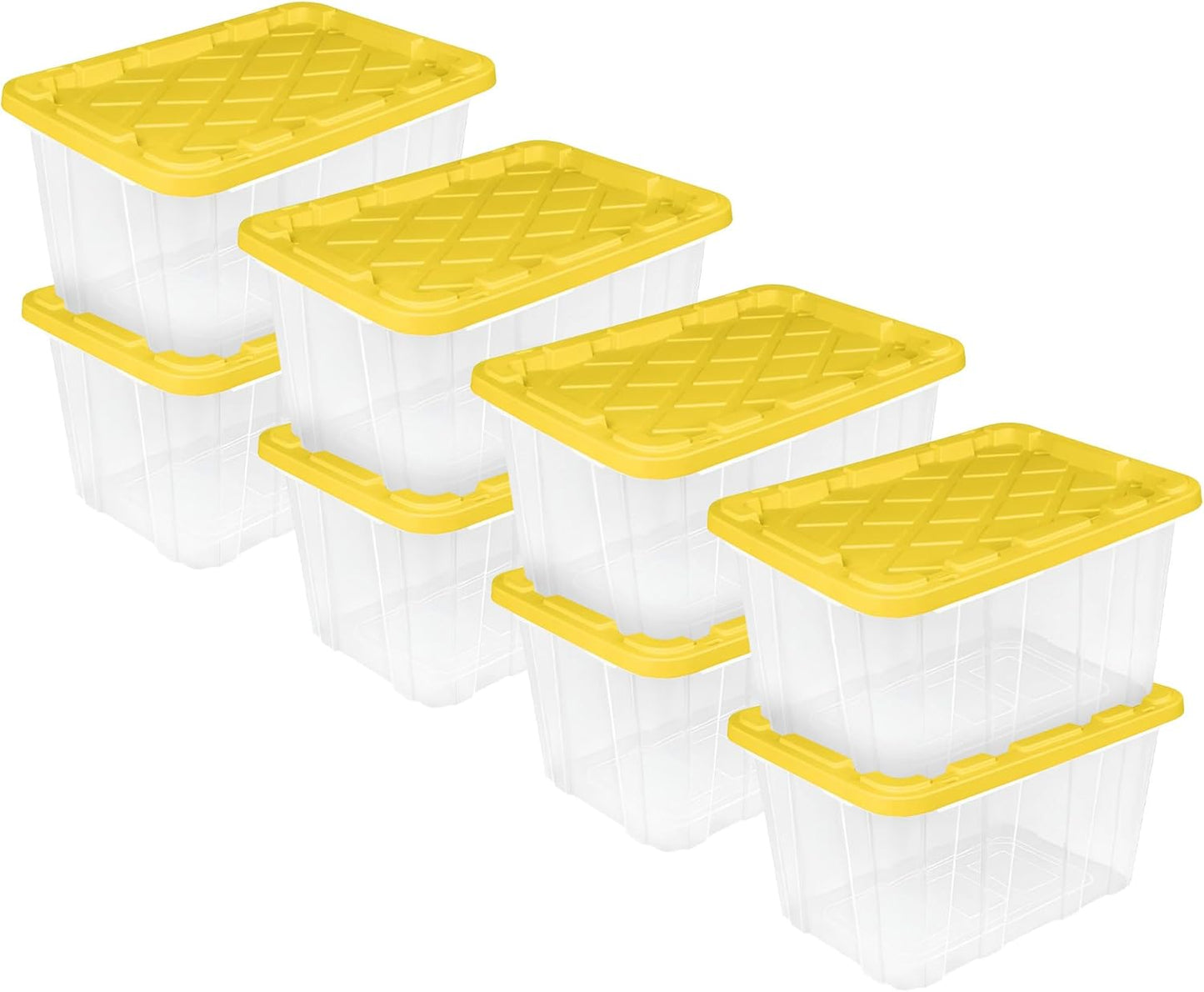 Sterilite 8-Pack 27 Gallon Industrial Tote, Clear Plastic Storage Container Bins with Yellow Lids - Heavy-Duty Organizing Containers for Closet, Bathroom, and Office