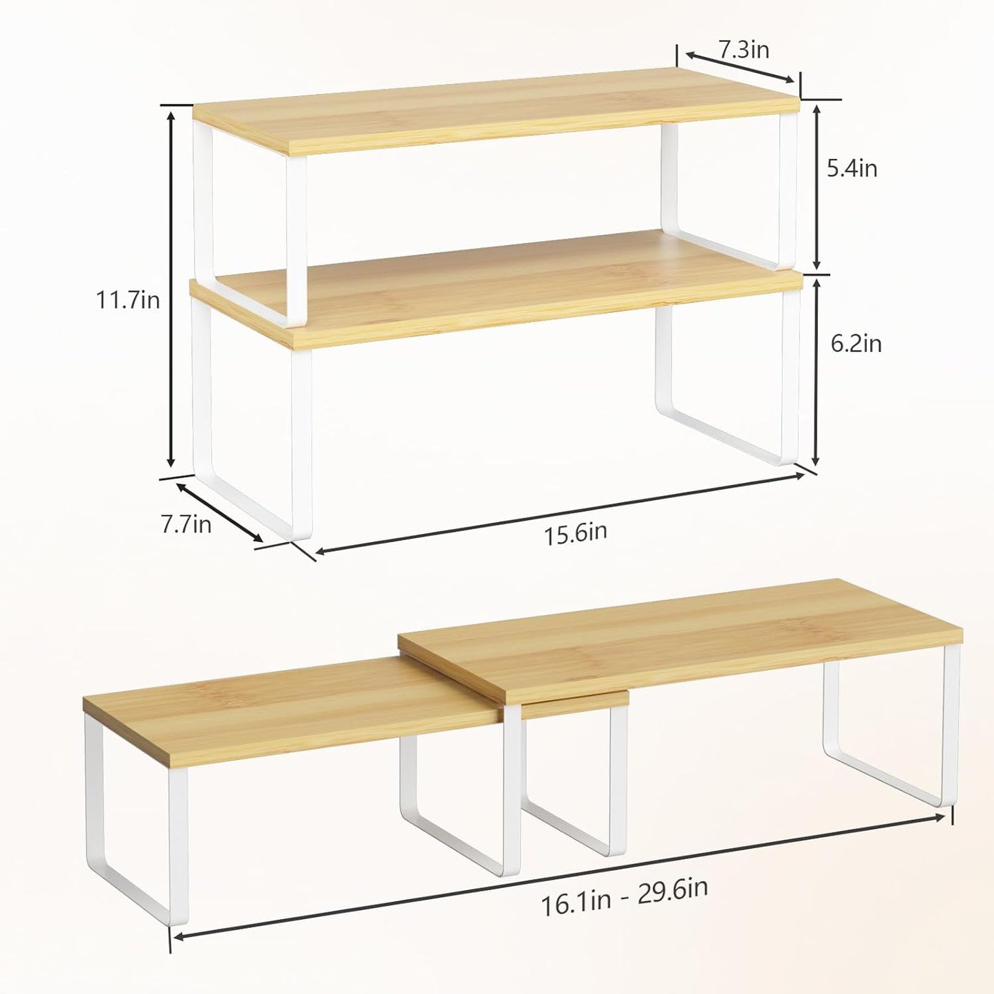 NEX Kitchen Cabinet and Counter Shelf Organizer, Stackable & Expandable, Set of 4, White and Natural - 7.7 x 15.6 x 6.2''