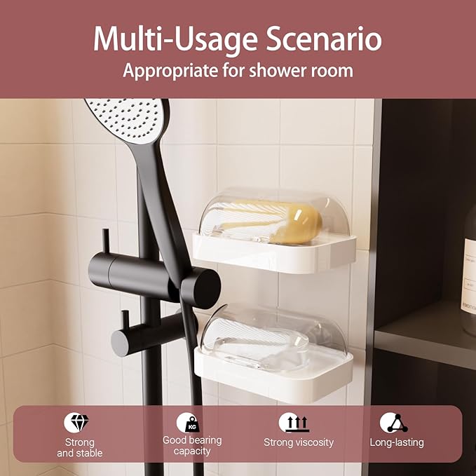 Wall Mounted Soap Holder - Set of 2, White Plastic with Clear Cover, Water Collection Tray, Bar Soap Dish Container Caddy with Lid for Bathroom, Shower, Kitchen Sink, Sponge Storage