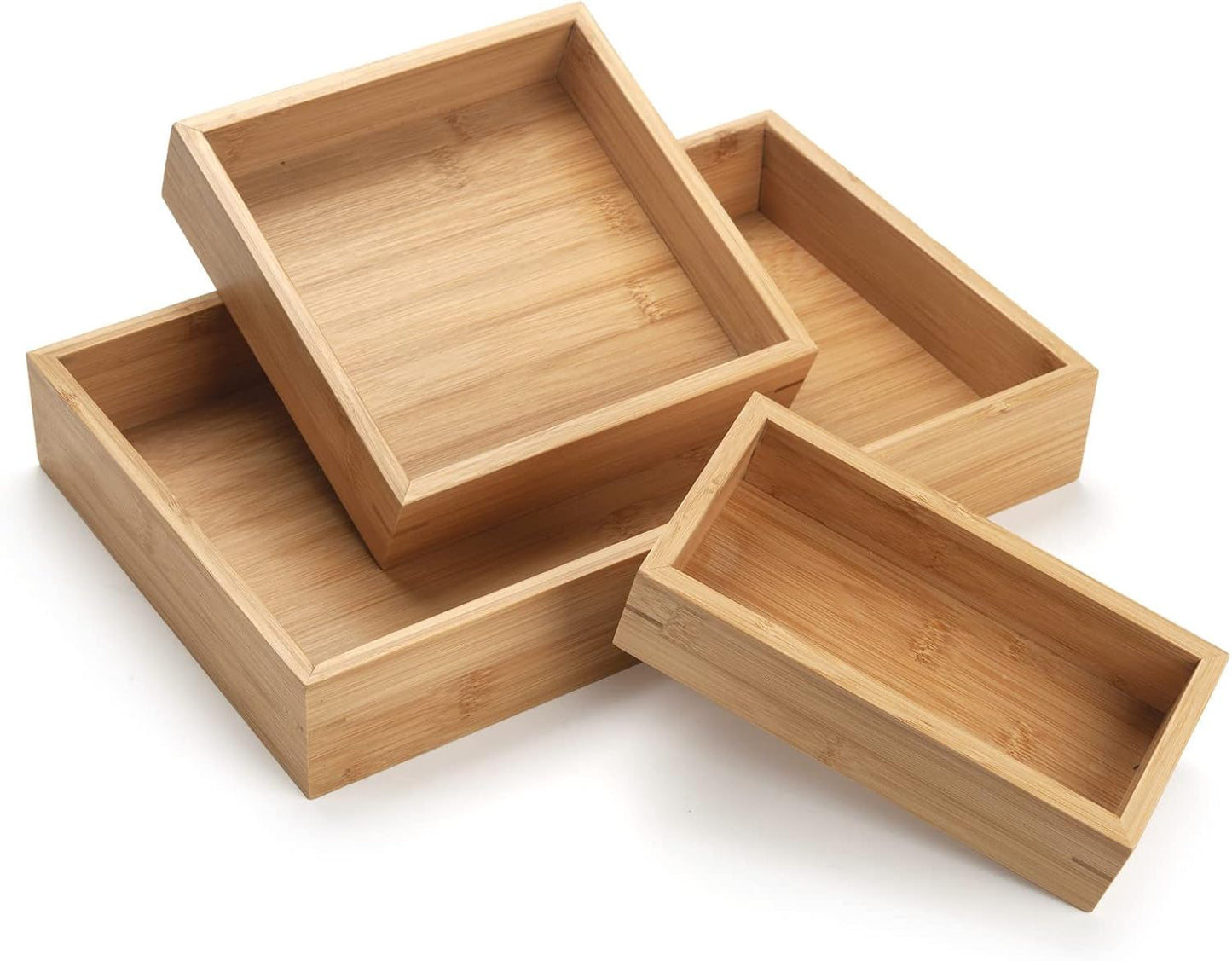 Natural Bamboo Vanity Organizer Set - Wooden Bathroom/Kitchen Countertop Tray, Set of 3