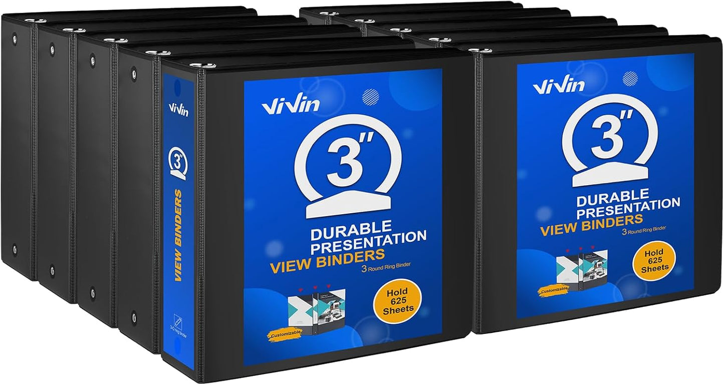 ViVin 3 Ring Binder 3 inch with Clear View Cover, Large 3" Round Ring for Strength, Holds 600 Sheets of US Letter Size Paper, Office Home School, 10 Pack (Black)