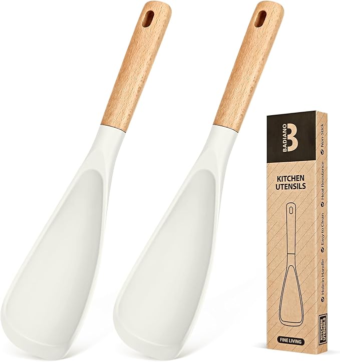 Cooking Spoon for Nonstick Cookwares, Great for Cooking and Serving Sturdy BPA-Free Matte Silicone, Wood Handle Spoon for Mixing, Scoop, and Scrape (2 Pack of White, 11.4 inch)