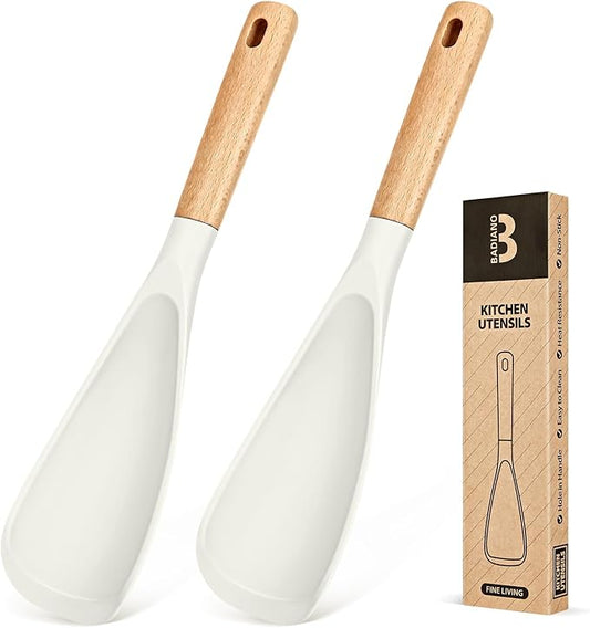 Cooking Spoon for Nonstick Cookwares, Great for Cooking and Serving Sturdy BPA-Free Matte Silicone, Wood Handle Spoon for Mixing, Scoop, and Scrape (2 Pack of White, 11.4 inch)
