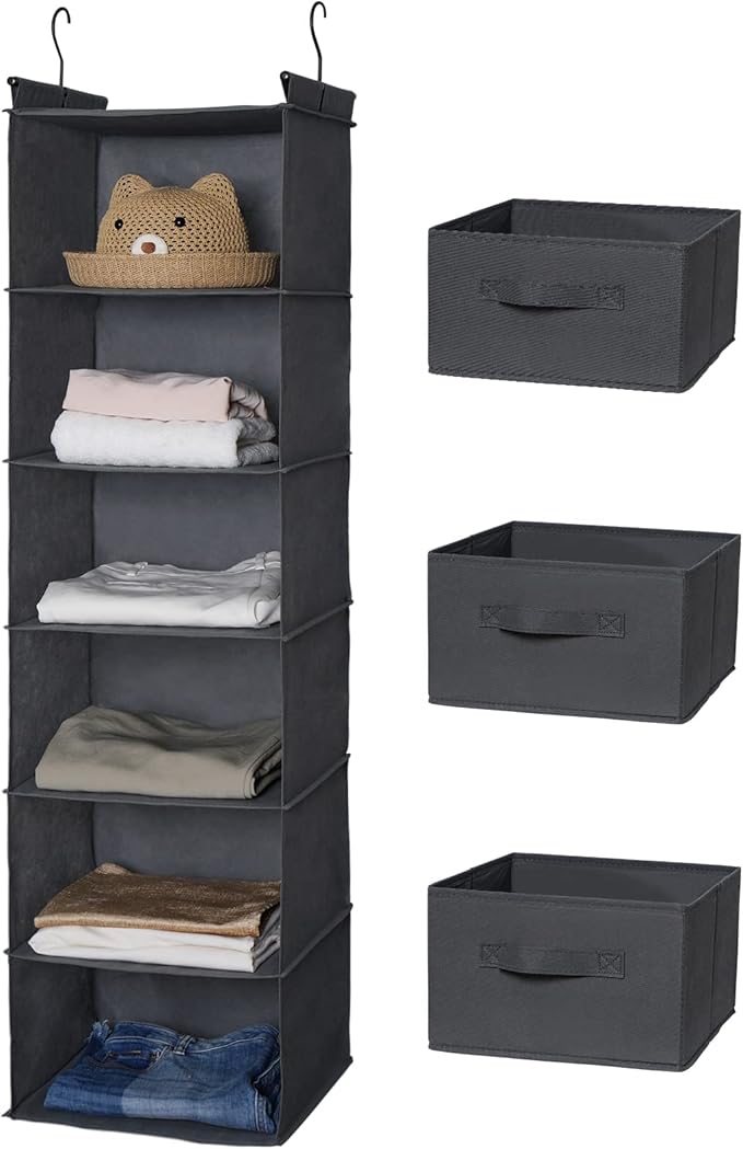 MAX Houser 6 Tier Shelf Hanging Closet Organizer, Closet Hanging Shelf with 2 Sturdy Hooks for Storage, Foldable (Grey-D3)